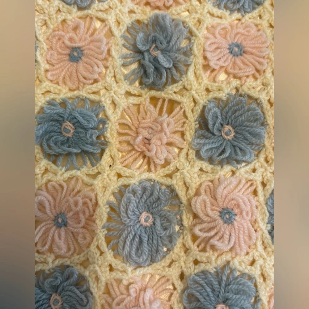 Vintage Hand Made Crochet Baby Blanket 22.5” x 34” Silk trim Pink Blue Rosettes*